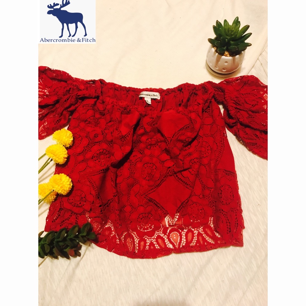 Red Lace Off the Shoulder Crop Top